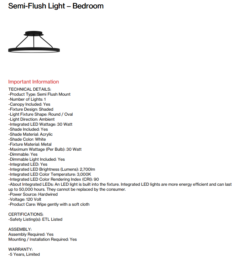 Semi-Flush Light – Bedroom (Bitteroot)