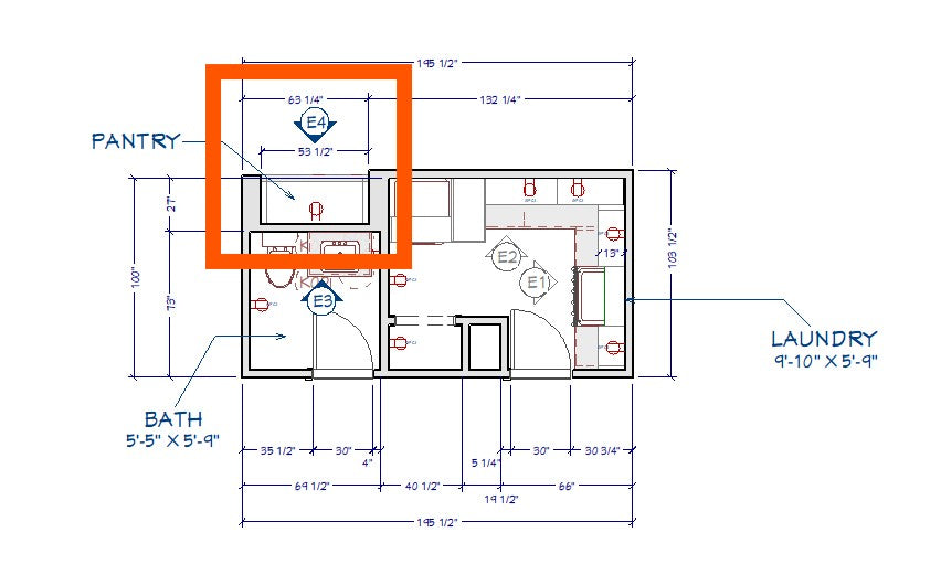 Custom Pantry, OPTION 2, With Walnut Drawers & Walnut Interior Pocket Door Cabinet