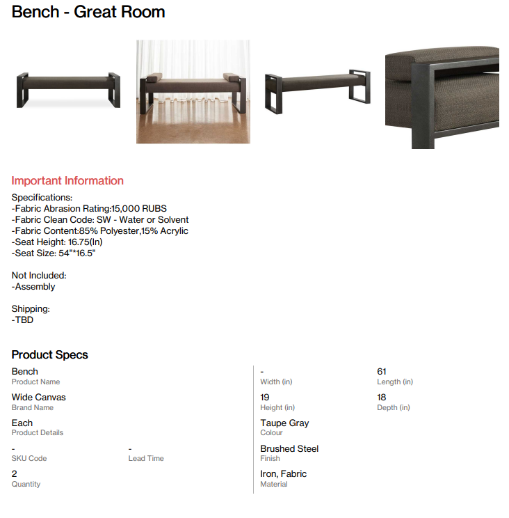 Bench - Great Room (Somersett)