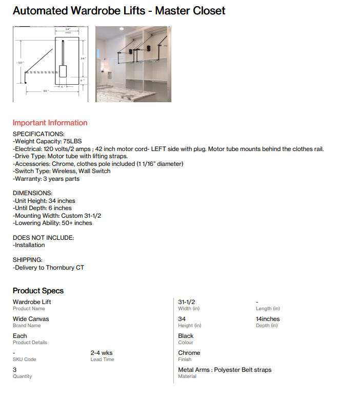 Automated Wardrobe Lift (Thornbury CT)