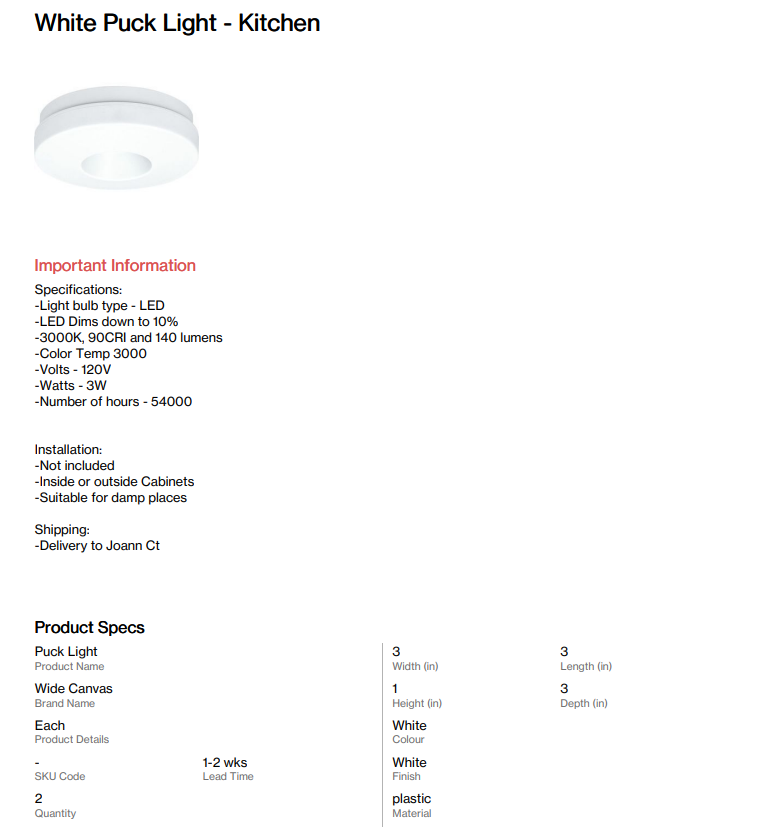 LED Puck Lights - Kitchen (Joann CT)