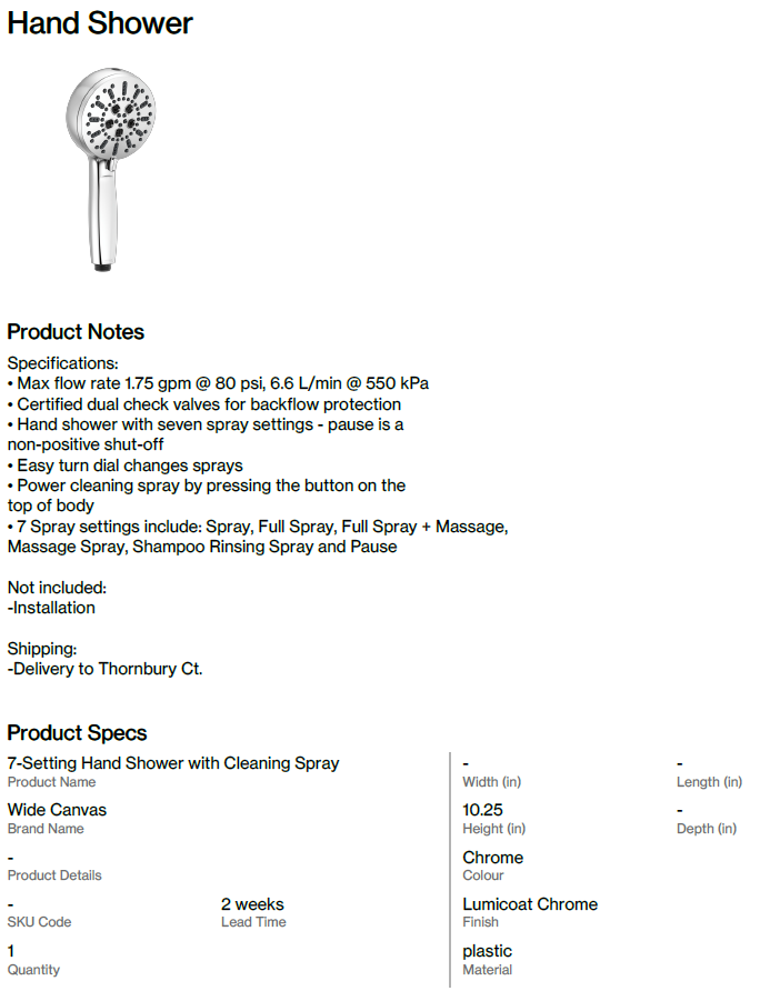 Plumbing Add-On Hand shower (Thornbury Ct.)
