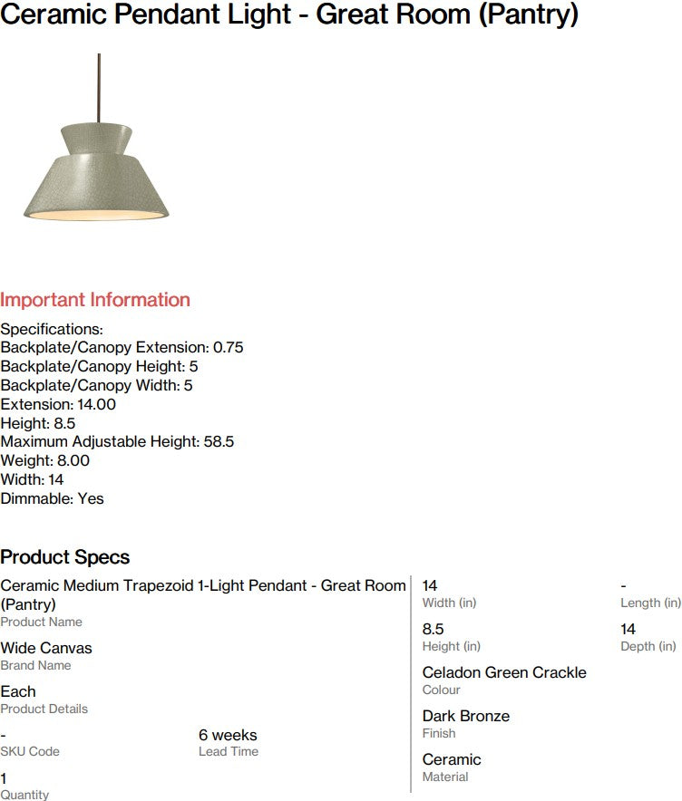 Ceramic Pendant Light - Great Room Pantry (Back Nine)