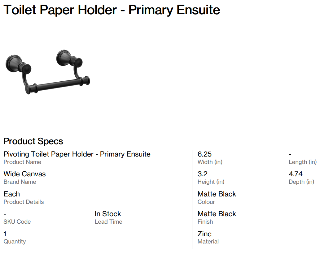 Toilet Paper Holder - Primary Ensuite (Back Nine)