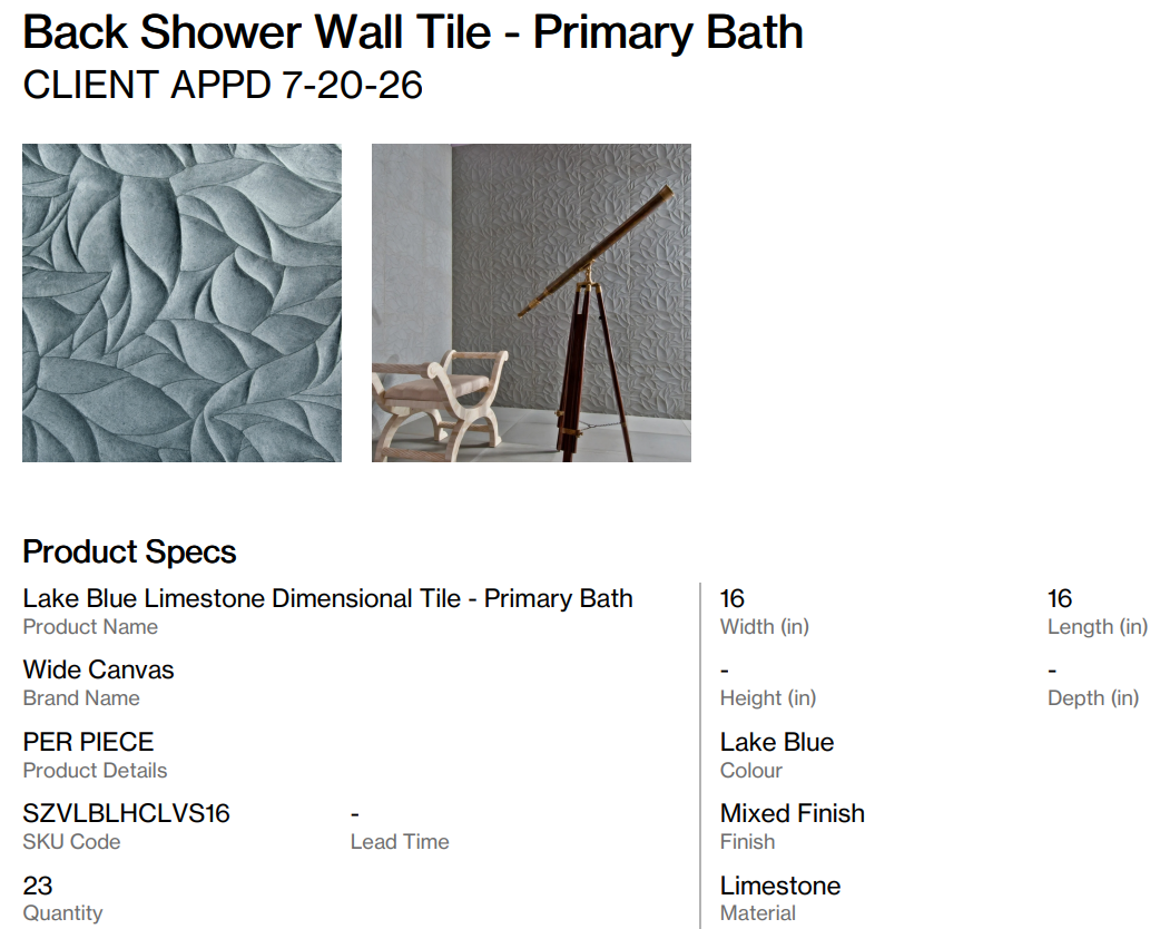 Lake Blue Limestone Dimensional Tile - Primary Bath (Thelin Dr.)