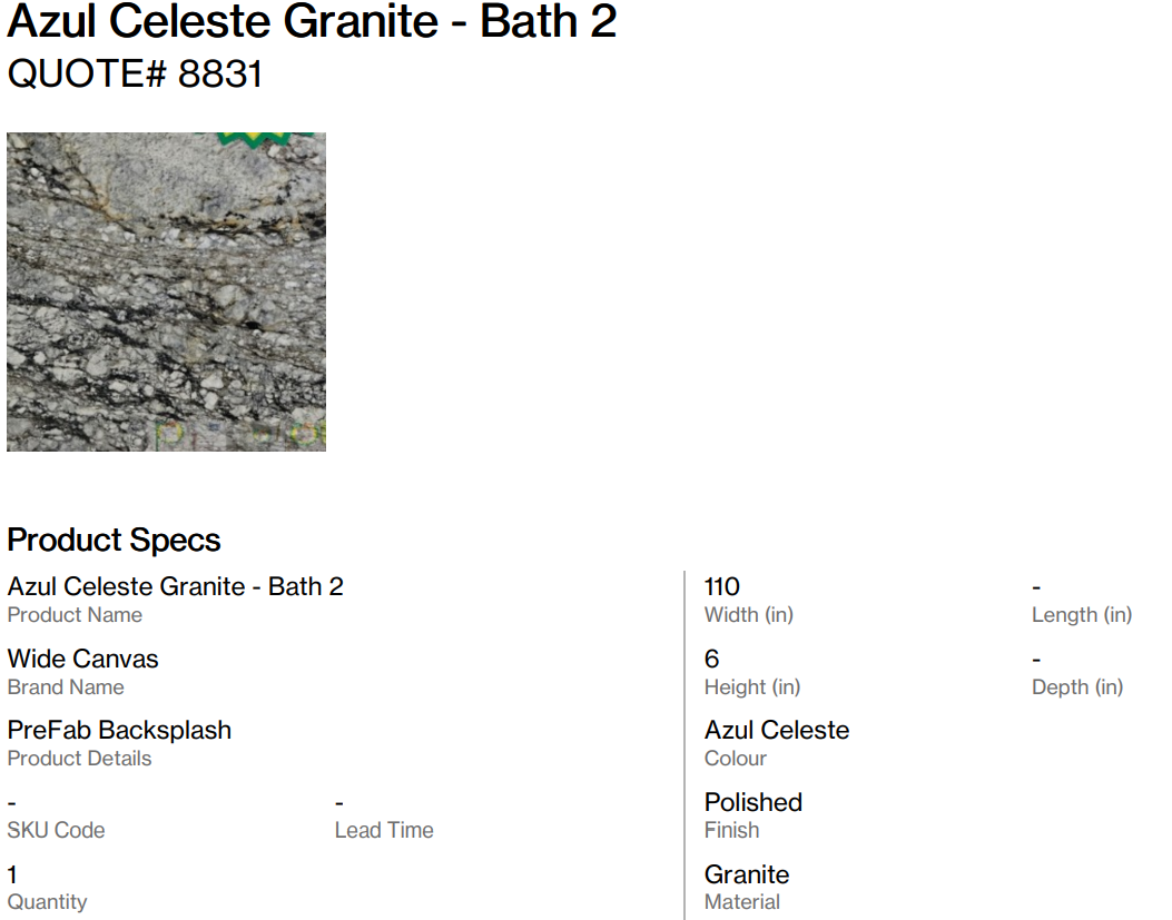 Azul Celeste Granite Prefab and BackSplash - Bath 2 (Back Nine)