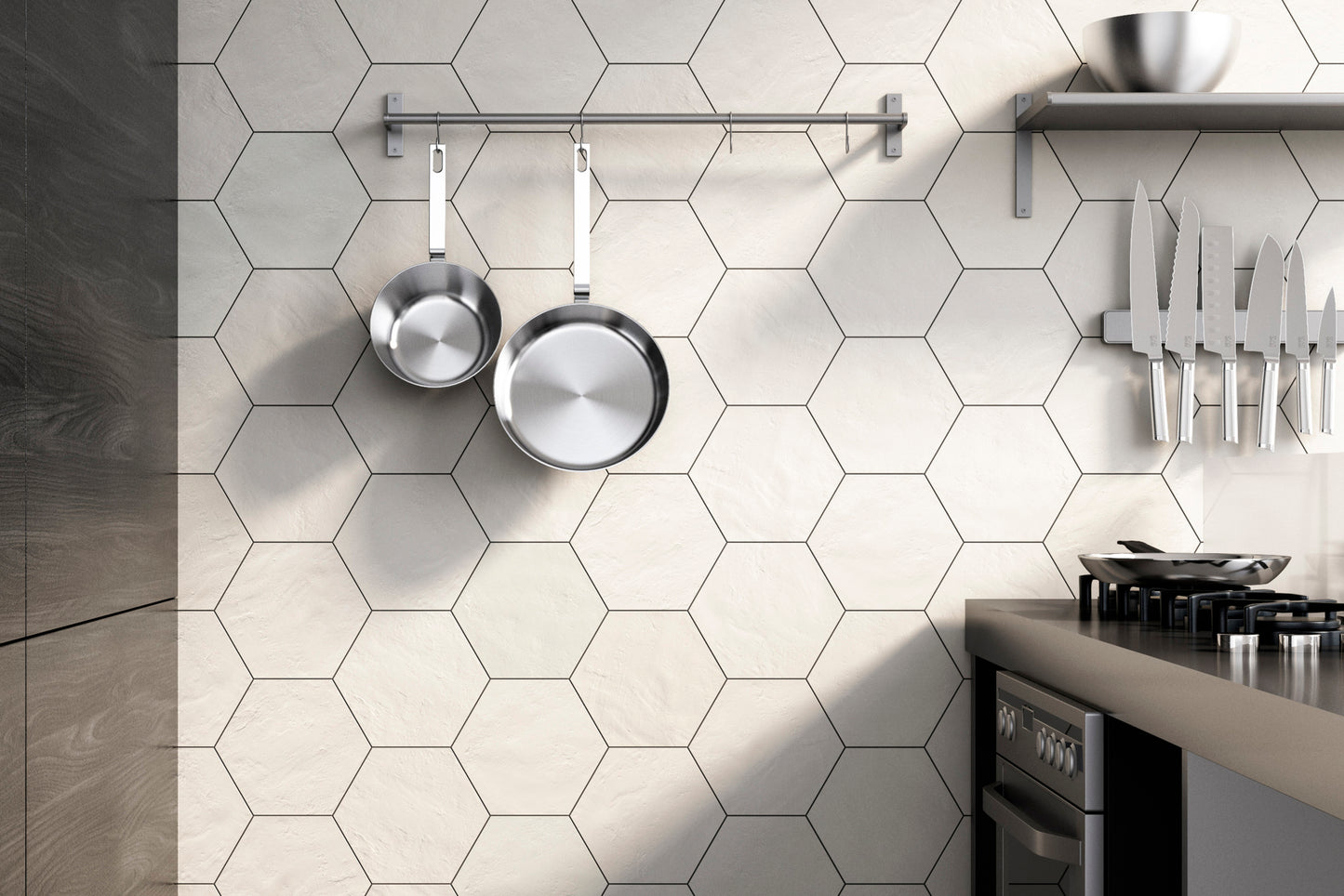 Modern kitchen with white hexagon tile on the wall