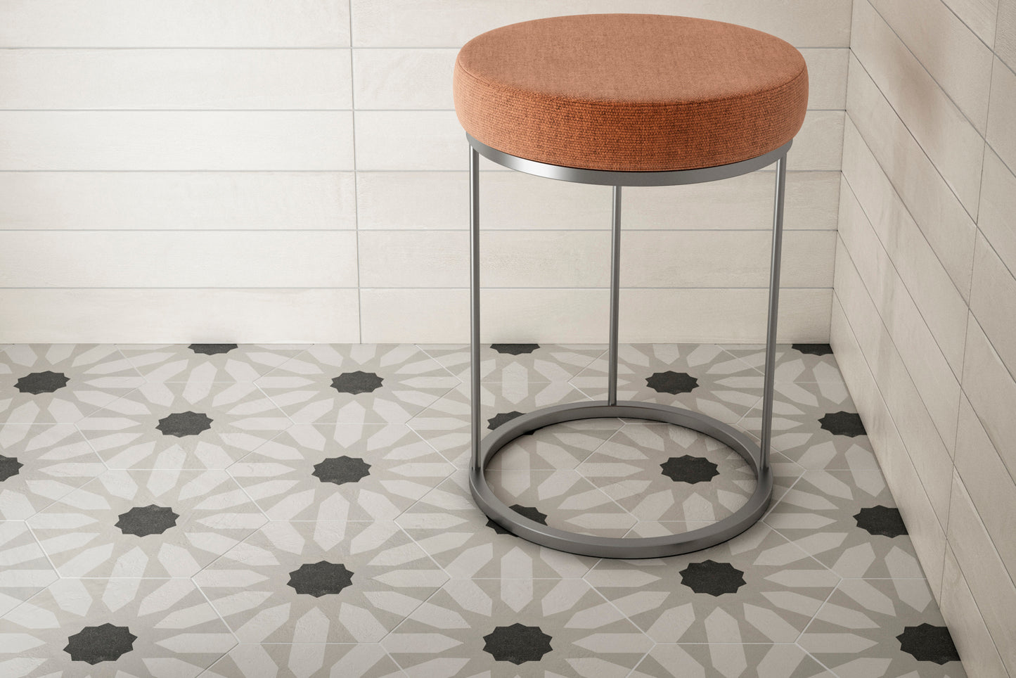Fiore decorative hexagon tile used in a floor application.