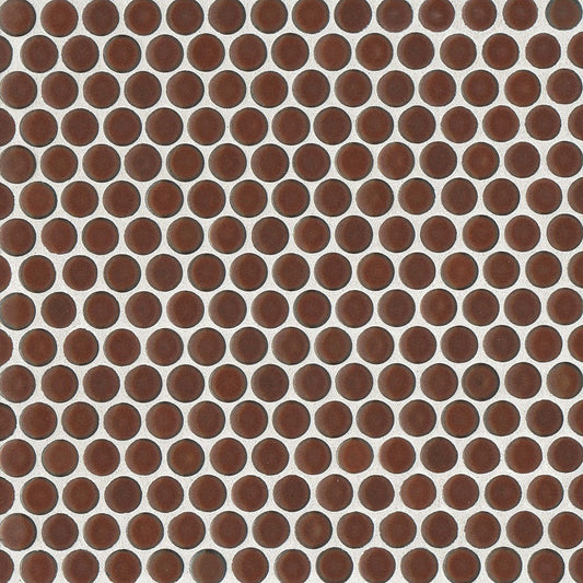 Cardinal red penny shaped mosaic tile on a beige background.