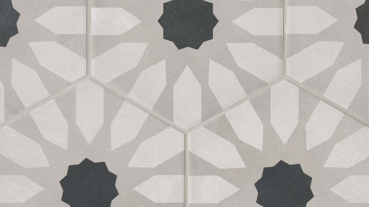 Hexagon tile resembling a floral pattern with a black decagon shape in the middle with white pointed stripes pointed towards the black center.