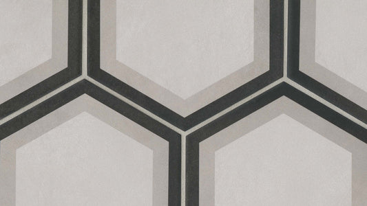 Hexagon tile with black and grey outlines around the edge of the tile.