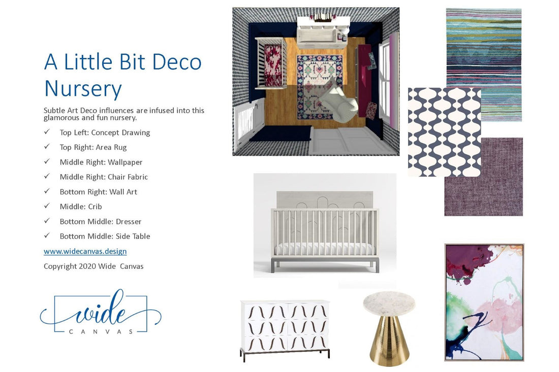 Art Deco Inspired Nursery, designed by Jackie Lopey, Crib Dresser Side Table Art Wallpaper Rug Fabric Room Concept