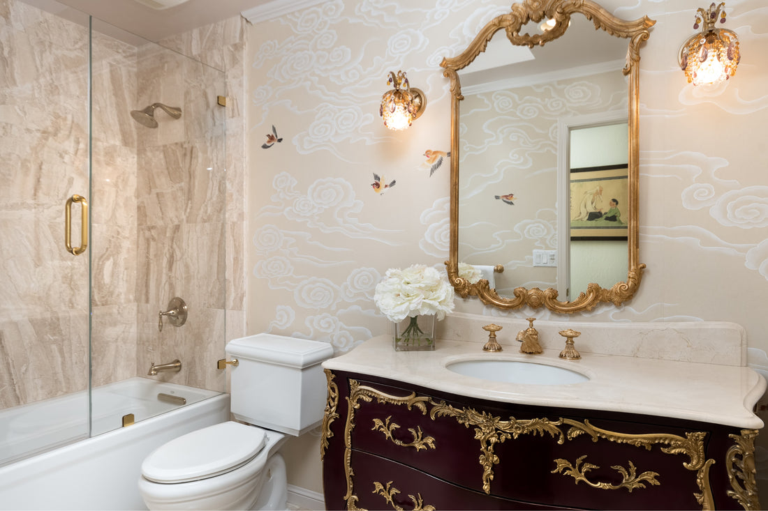 Remodeled Bathroom with Aubergine Purple Louis XV vanity ormolu mounts