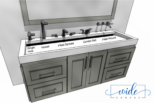 Sketch showing bathroom faucets side by side single-hole, vessel, wide-spread, center-set, wall-mount by Wide Canvas