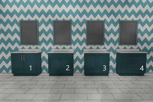 Illustration of Vanity Showing Four Different Vanity Sink Base Configurations, Full Height Door, False Drawer Front with Doors Below, Doors Top and Drawer Below, Two Drawers