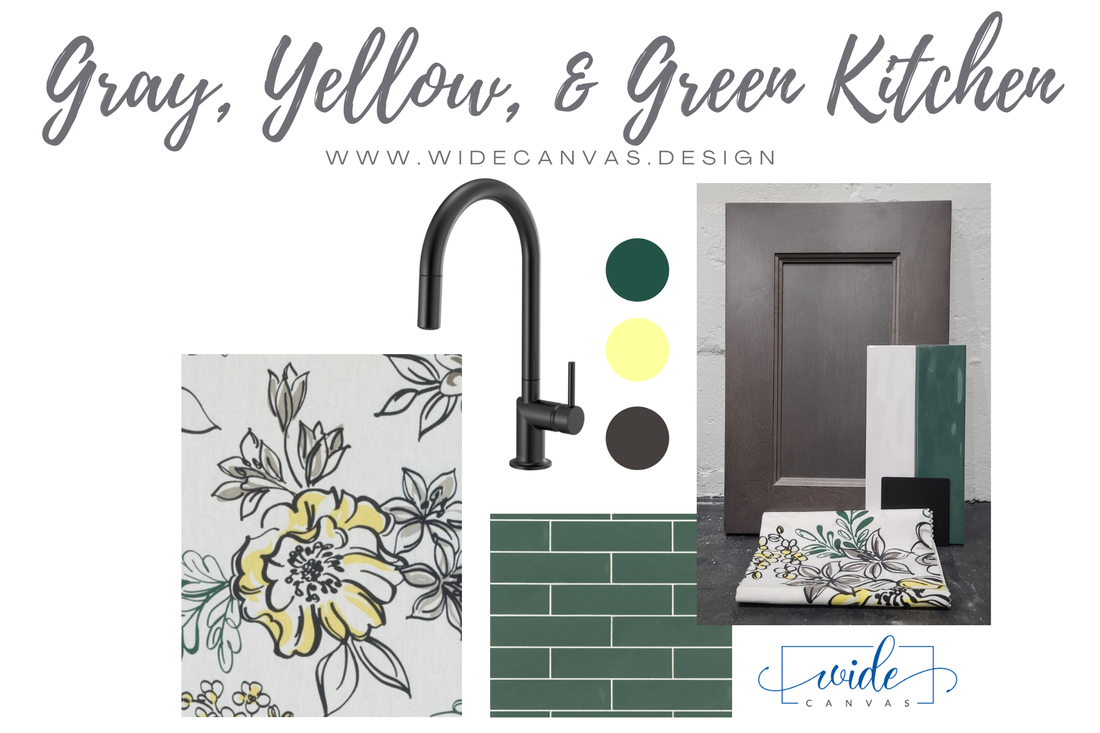 Gray, Yellow and Green Kitchen Tile, Custom Cabinets, Plumbing