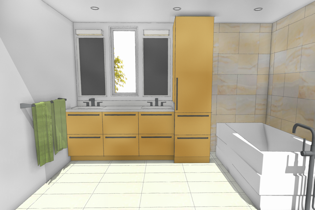 Modern Yellow and White Bathroom Sketch by Interior Designer Jackie Lopey Wide Canvas