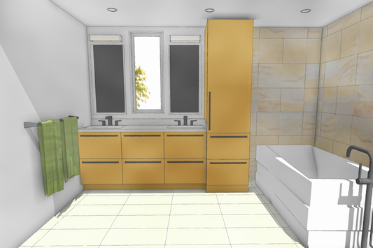 Modern Yellow and White Bathroom Sketch by Interior Designer Jackie Lopey Wide Canvas