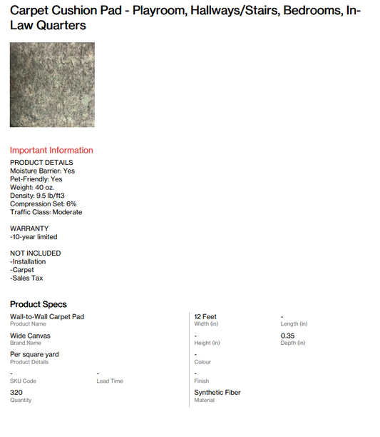 Carpet Cushion Pad - Playroom, Hallways/Stairs, Bedrooms, In-Law Quarters (Bitteroot)