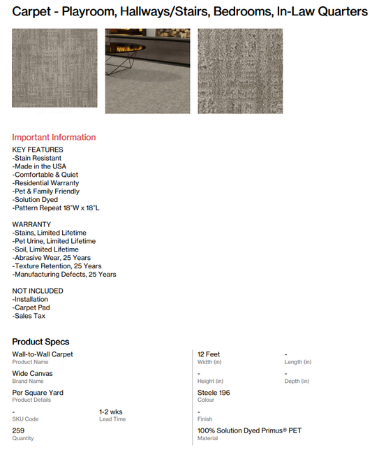 Carpet - Playroom, Hallways/Stairs, Bedrooms, In-Law Quarters (Bitteroot)