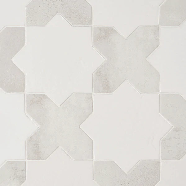 Parma White Polished Star and White Matte Cross 6" Terracotta Look Porcelain Tile