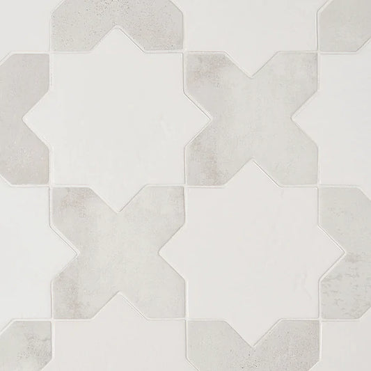 Parma White Polished Star and White Matte Cross 6" Terracotta Look Porcelain Tile