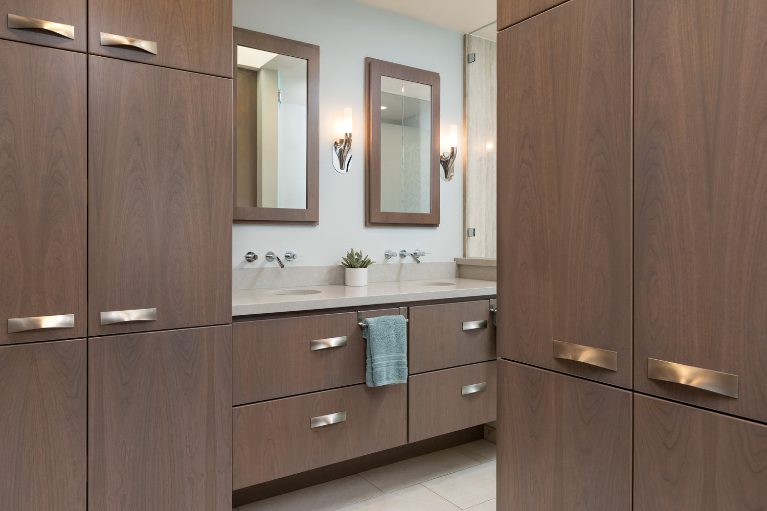 Remodeled_Master_Bathroom_2_Wardrobes_Vani_ty._Modern_cabinets_with_slab_doors_in_gray_glazed_cherry_wood