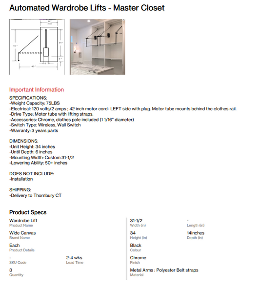 Automated Wardrobe Lift (Thornbury CT)