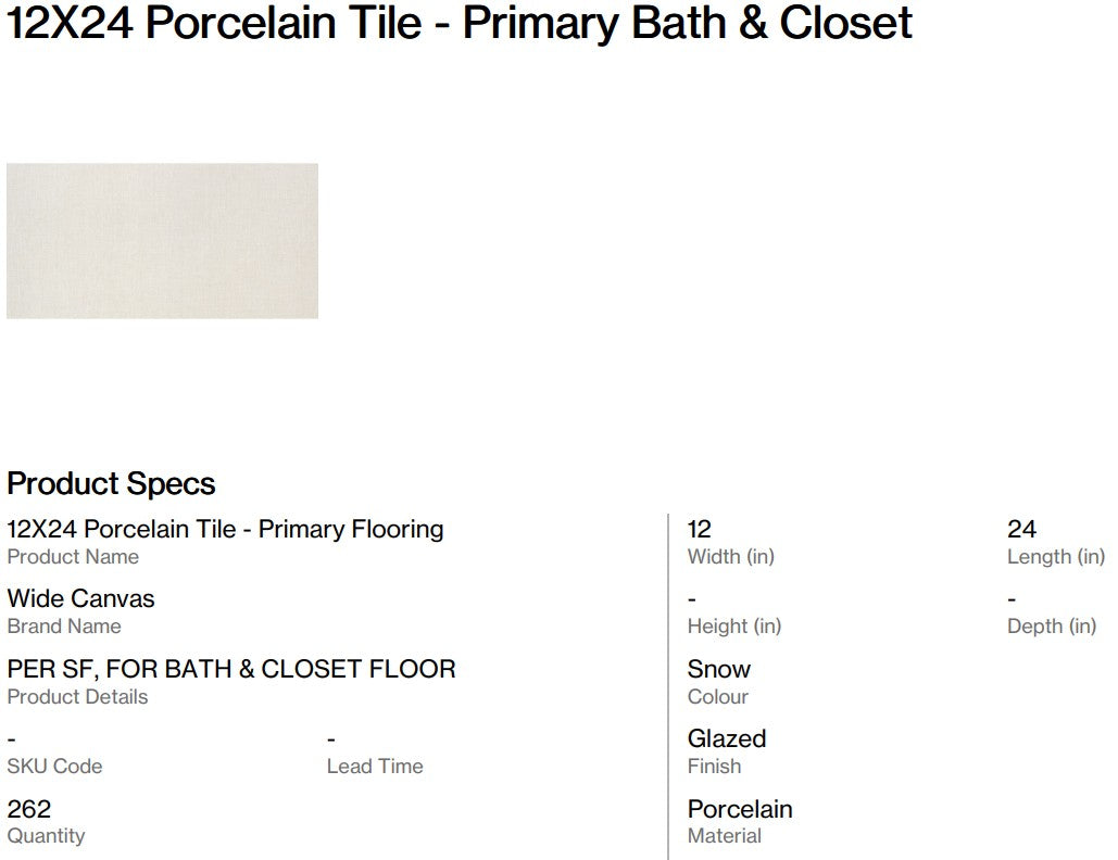 12X24 Porcelain Tile - Primary Bath & Closet Flooring (Back Nine)
