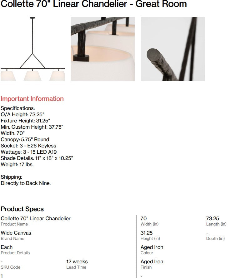Collette 70" Linear Chandelier + LED Light Bulbs - Great Room (Back Nine)