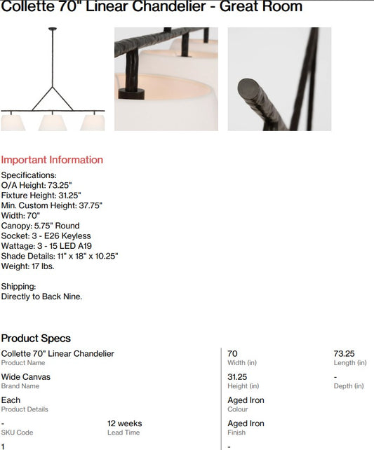 Collette 70" Linear Chandelier + LED Light Bulbs - Great Room (Back Nine)