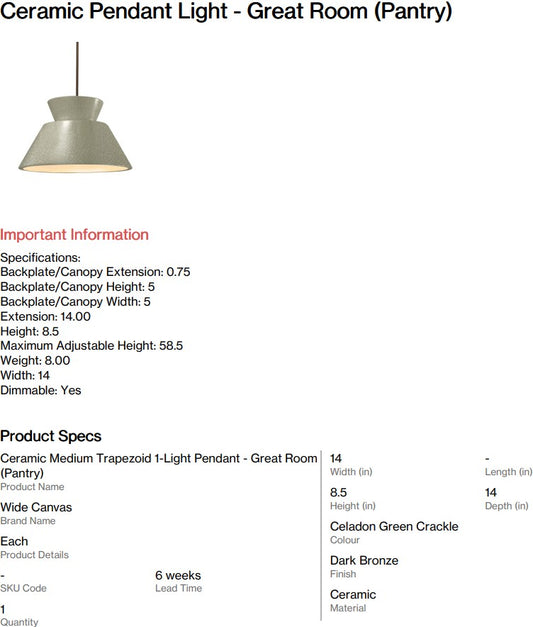 Ceramic Pendant Light - Great Room Pantry (Back Nine)
