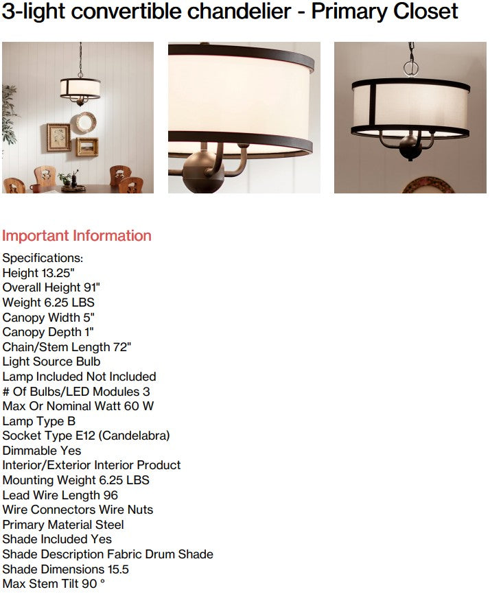 3-Light Convertible Chandelier - Primary Closet (Back Nine)