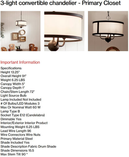 3-Light Convertible Chandelier - Primary Closet (Back Nine)