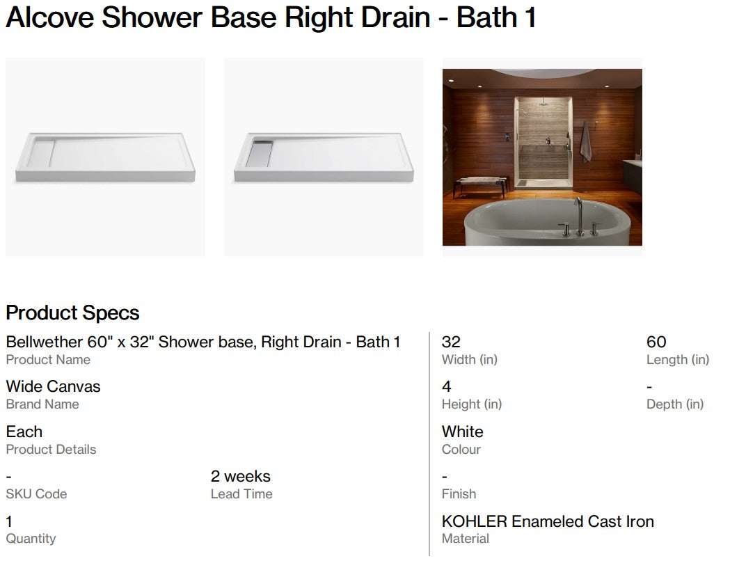 Alcove Shower Base Right Drain - Bath 1 (Back Nine)