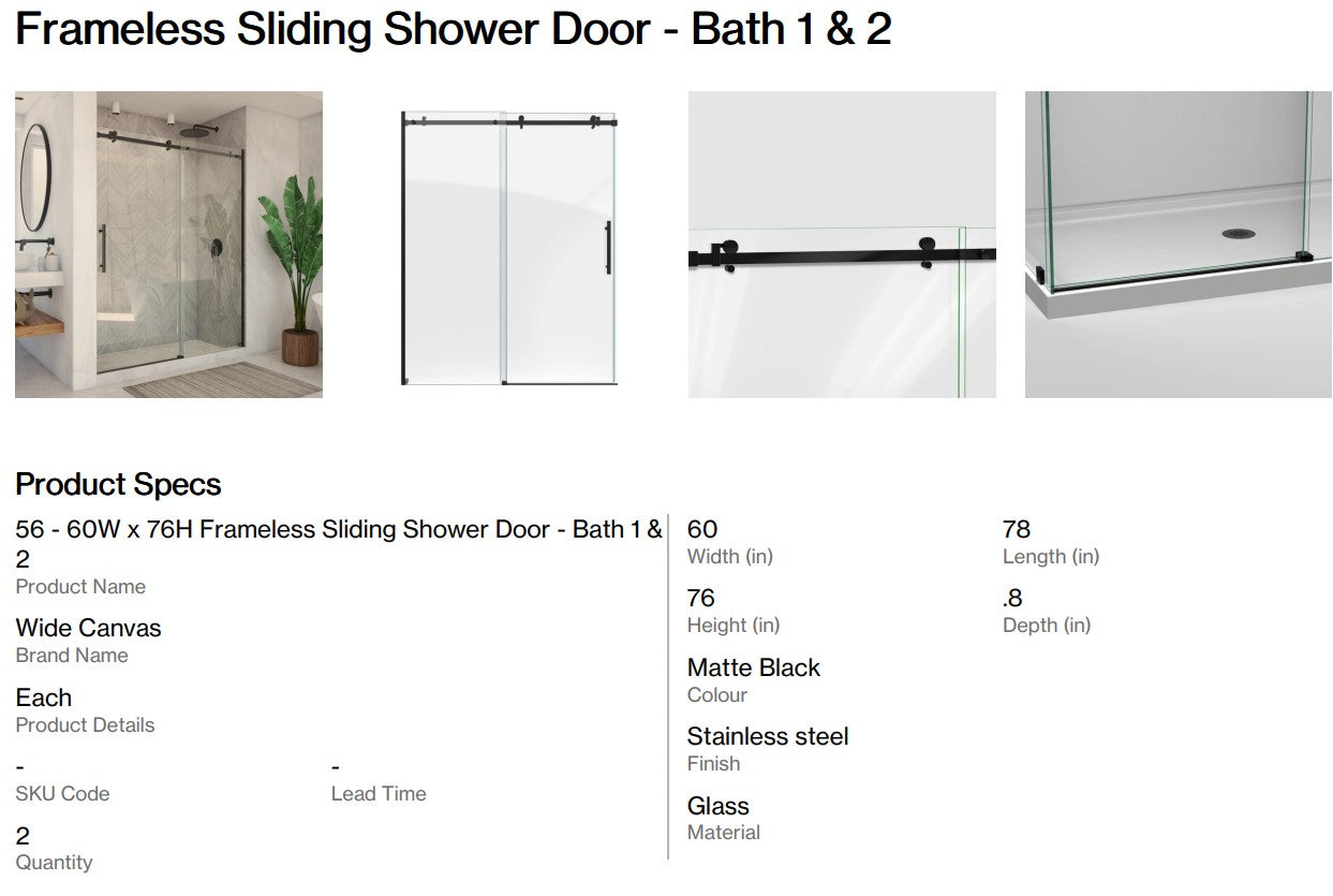 Frameless Sliding Shower Door - Bath 1 & 2 (Back Nine)