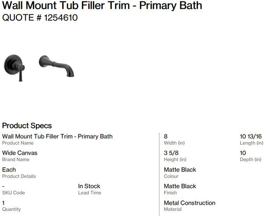 Wall Mount Tub Filler and Valve - Primary Bath ( Back Nine)