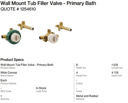 Wall Mount Tub Filler and Valve - Primary Bath ( Back Nine)