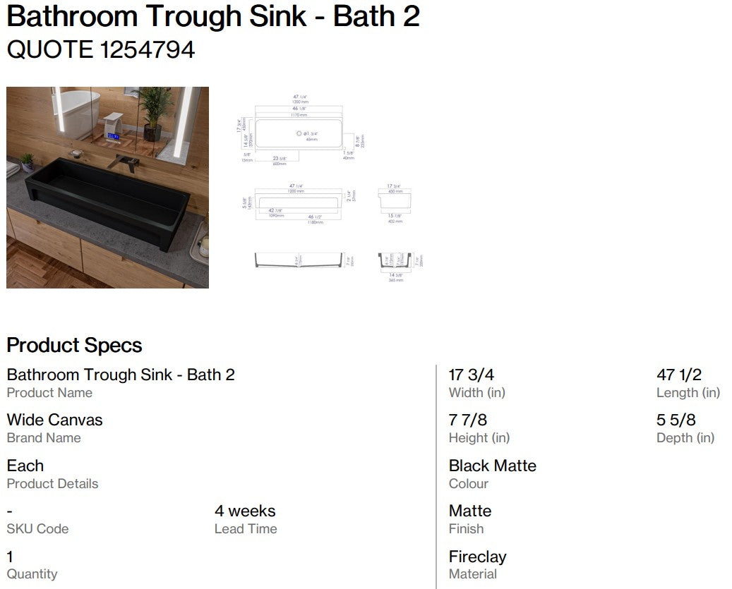 Bathroom Trough Sink with Pop Up Drain - Bath 2 (Back Nine)