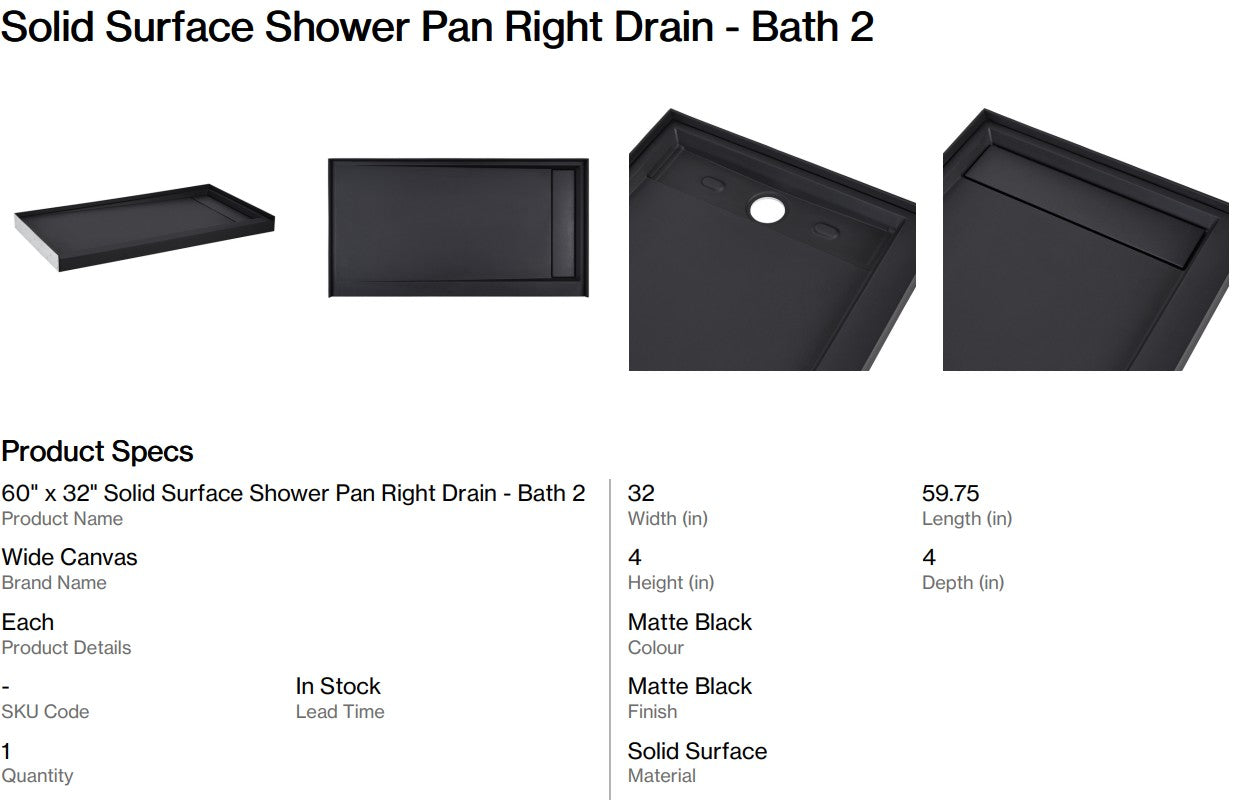Solid Surface Shower Pan With Round Right Drain  - Bath 2 (Back Nine)