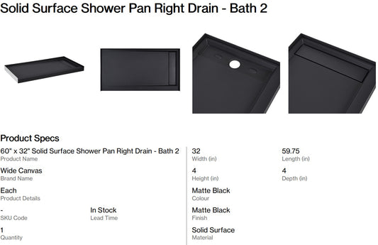 Solid Surface Shower Pan With Round Right Drain  - Bath 2 (Back Nine)
