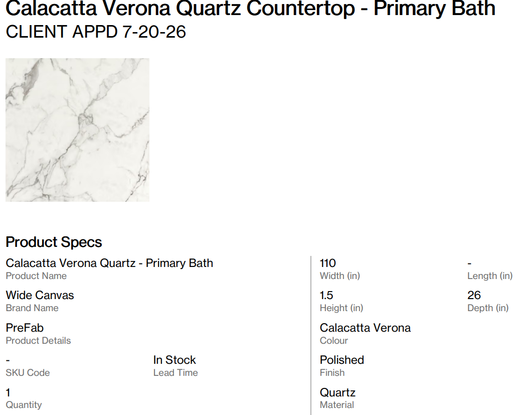 Calacatta Verona Quartz Countertop - Primary Bath (Thelin Dr.)