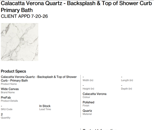 Calacatta Verona Quartz - Backsplash & Top of Shower Curb (Thelin Dr.)