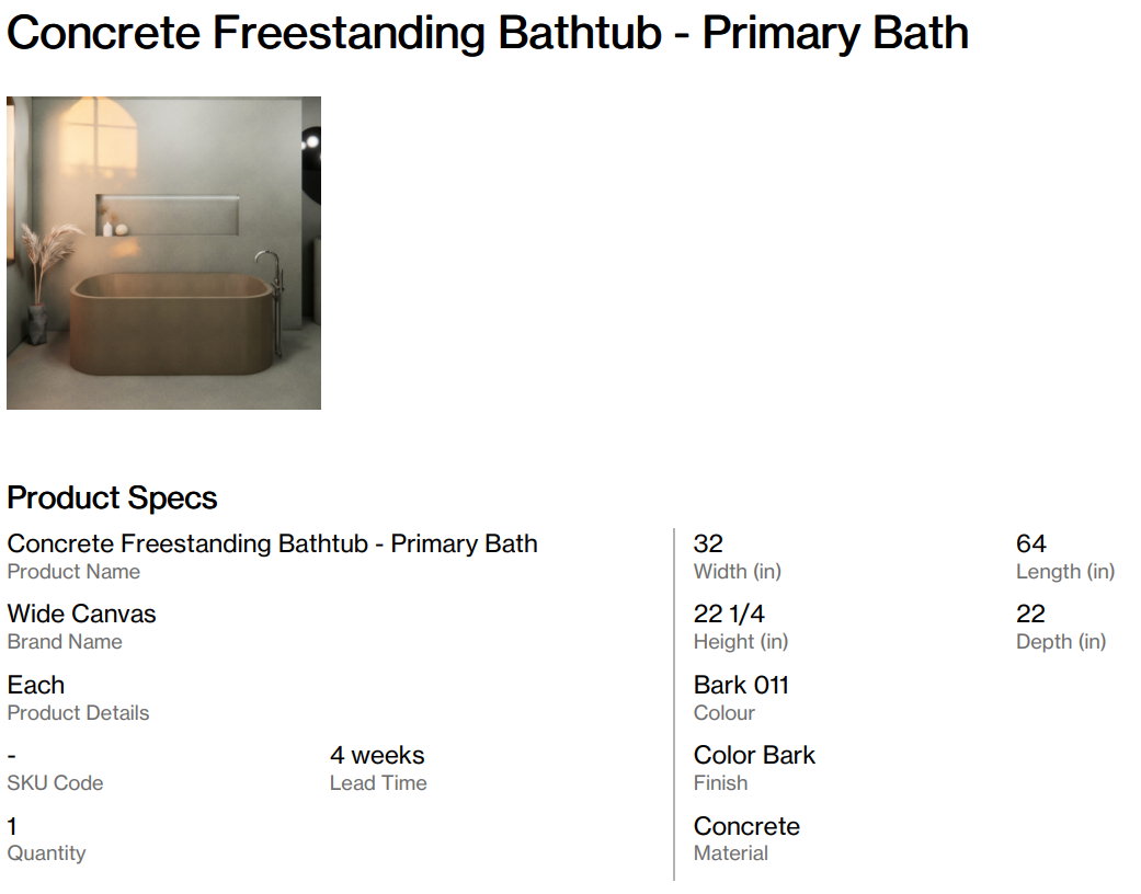 Concrete Freestanding Bathtub - Primary Bath (Back Nine)