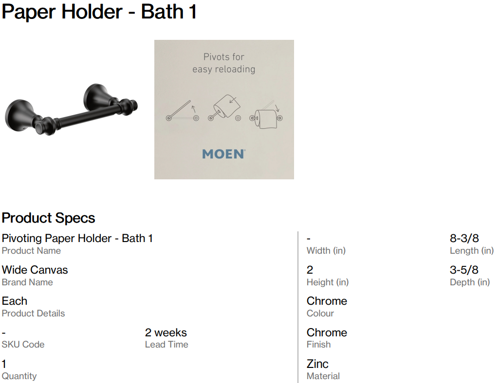 Toilet Paper Holder, Towel Ring and Hooks - Bath 1 ( Back Nine)