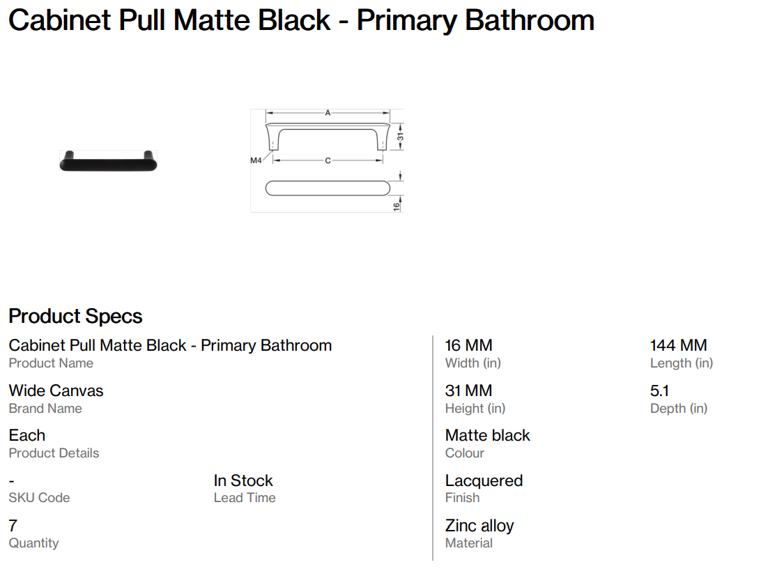 Cabinet Pull Matte Black - Primary Bathroom (Thelin)