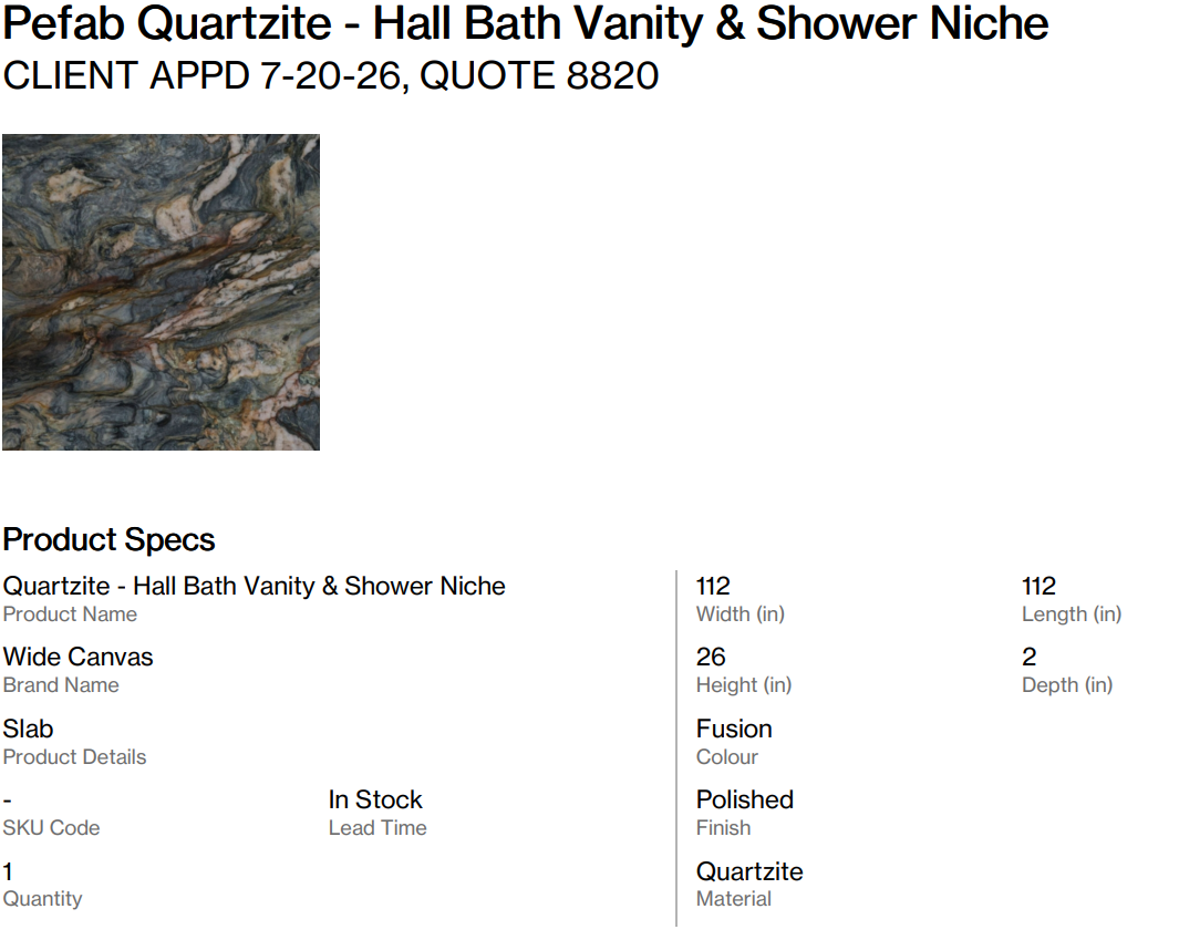 Pefab Quartzite - Hall Bath Vanity & Shower Niche (Dant Blvd)