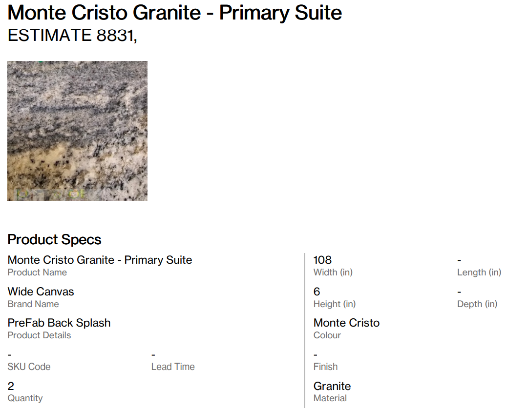 Monte Cristo Granite Prefab Slab and Backsplash - Primary Suite (Back Nine)