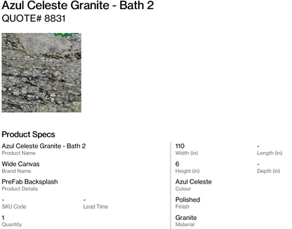 Azul Celeste Granite Prefab and BackSplash - Bath 2 (Back Nine)