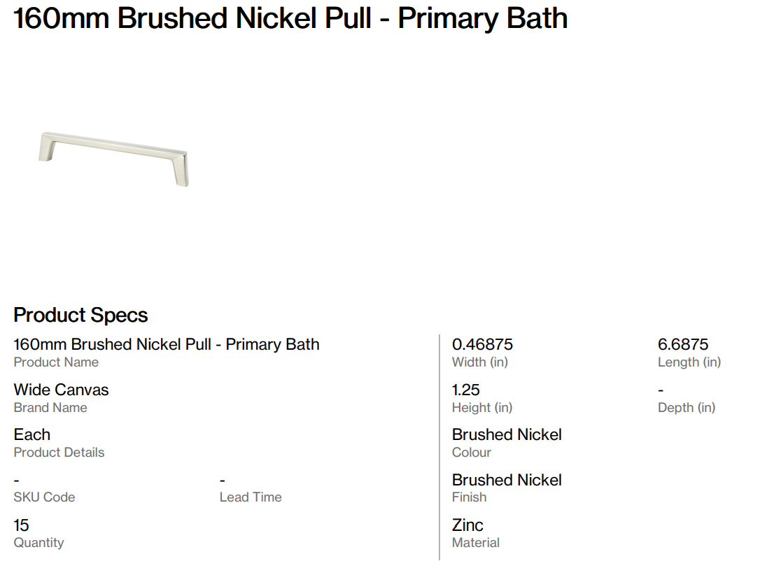 160mm Brushed Nickel Pull - Primary Bath (Dant)